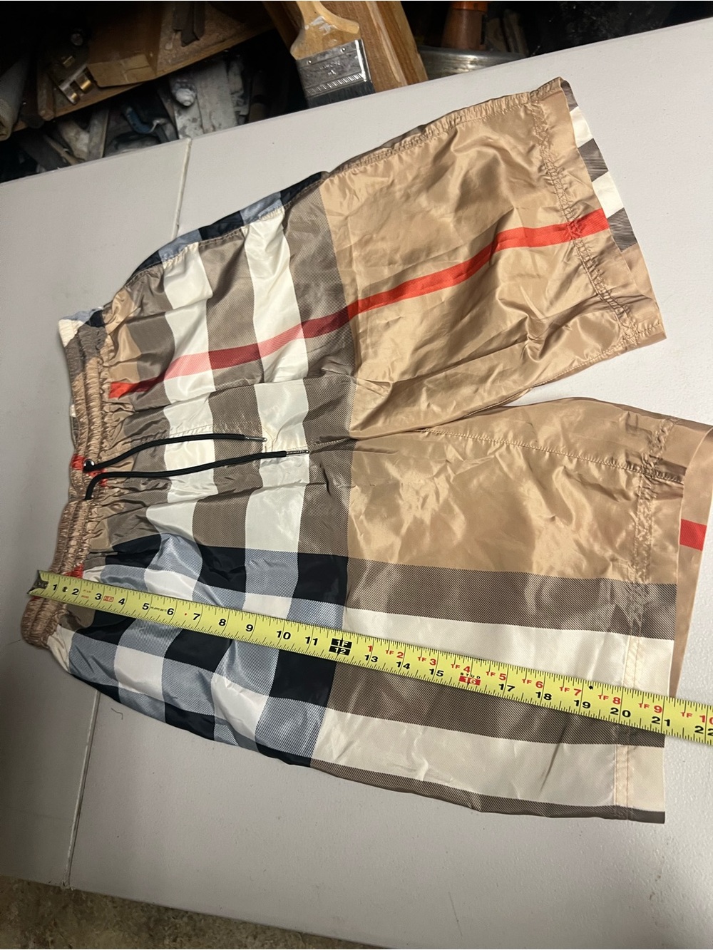 Burberry Men's Plaid Athletic Shorts in Tan, Black, White and Red - Picture 4 of 15
